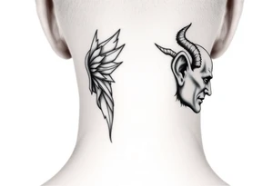position behind the neck Angel (on the right) whispering in the right ear, demon (on the left) whispering in the left ear. It must be as realistic as possible. tattoo idea