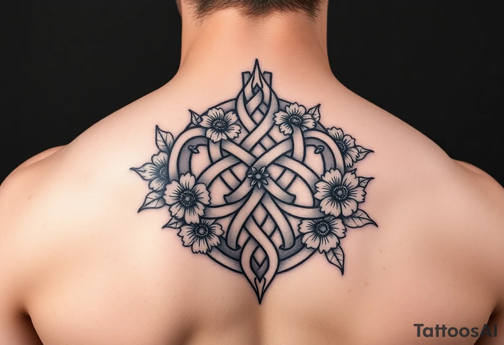 Celtic wolf knot with flowers tattoo idea