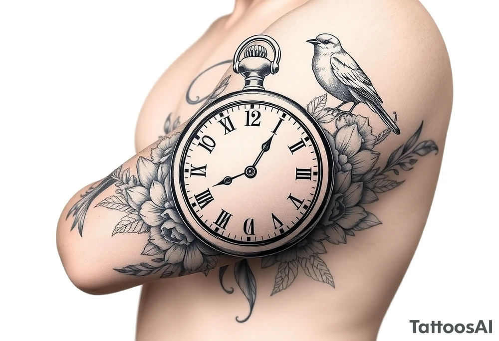 Pocket watch , surrounded by floral ornaments and birds, name spaces tattoo idea