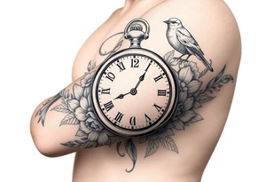 Pocket watch , surrounded by floral ornaments and birds, name spaces tattoo idea