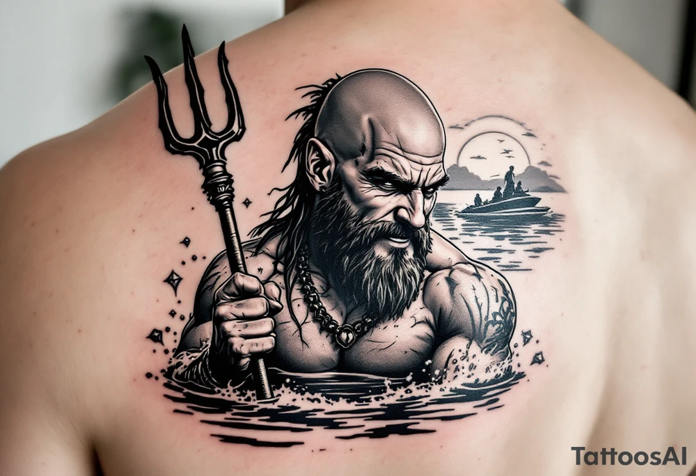young, happy, fit, bald, poseidon in calm water, holding a trident, drinking a beer, with sunset, with ski boat tattoo idea