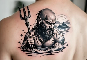 young, happy, fit, bald, poseidon in calm water, holding a trident, drinking a beer, with sunset, with ski boat tattoo idea