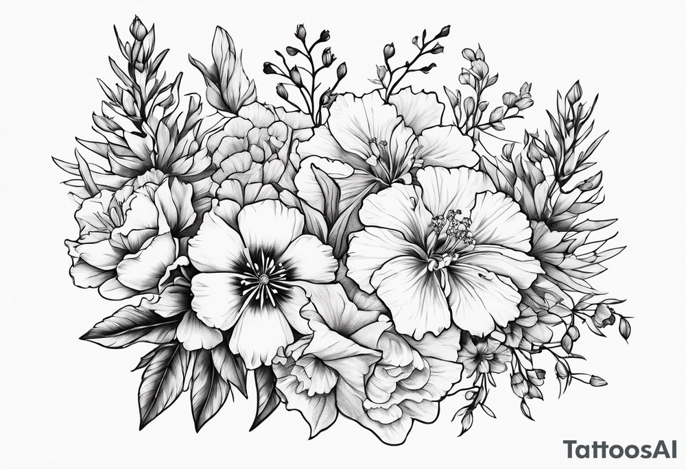 Flowers including larkspur and carnations tattoo idea