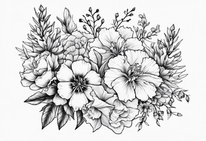 Flowers including larkspur and carnations tattoo idea