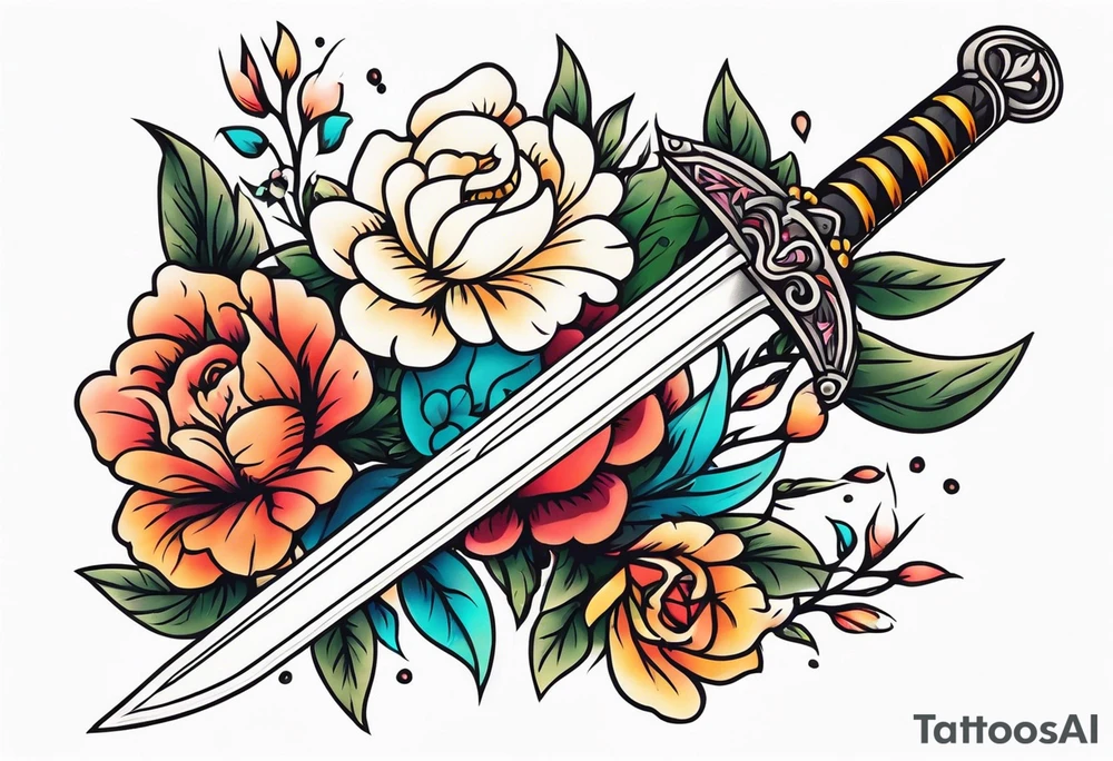 sword traditonal vintage tattoo colorful with flowers tattoo idea
