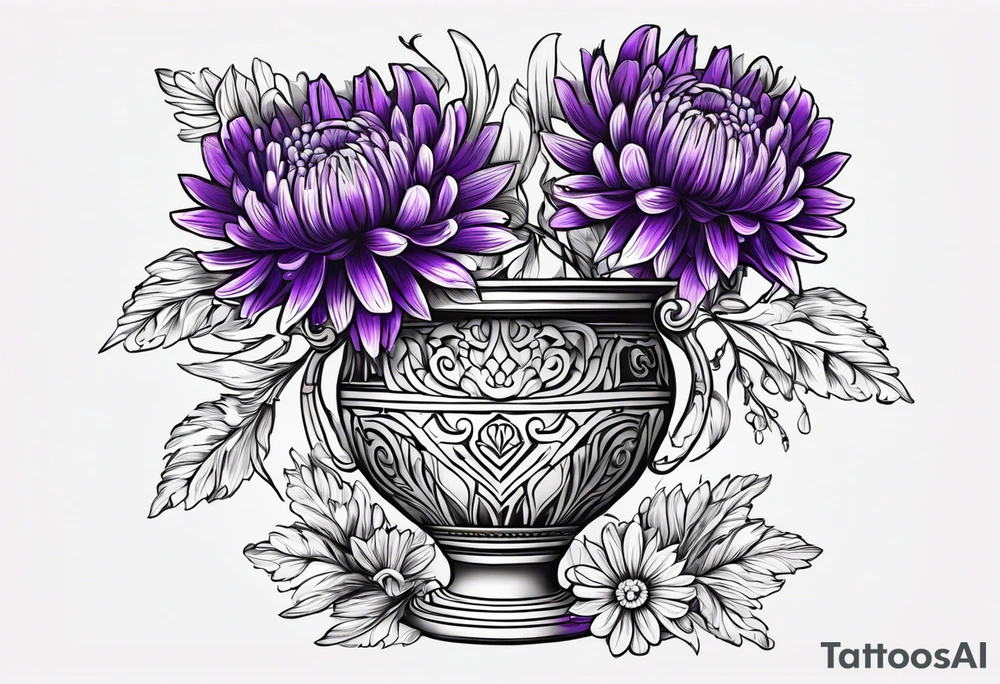 Un vase Grec avec 2 fleurs nénuphars, 1 fleur CHRYSANTHEMUm, et une violet tattoo idea