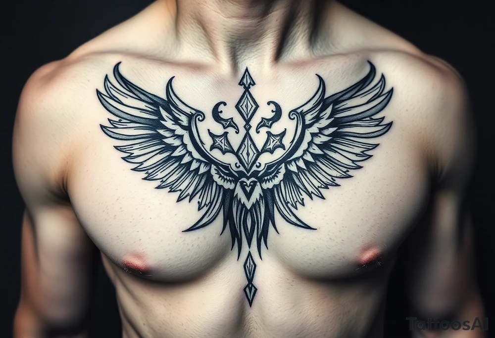 Symetrical upper chest tattoo, dark, animal icelandic symbols, bigest , chest tattoo tattoo idea