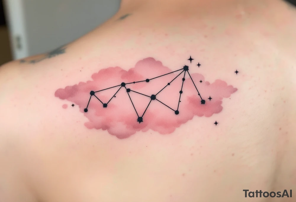 The Sagittarius star constellation drawn in crisp black ink over a faded blush-pink watercolor cloud. tattoo idea