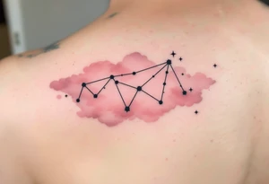The Sagittarius star constellation drawn in crisp black ink over a faded blush-pink watercolor cloud. tattoo idea