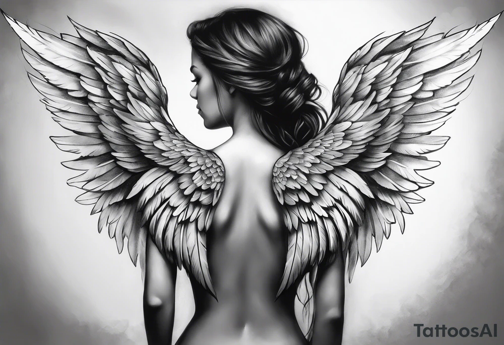 Realistic angel wings extending from the shoulders, covering the upper arms and upper back. The feathers are intricately detailed, with soft shading in black and gray to create depth and texture. The wings gently converge in the middle of the back, forming a harmonious and cohesive design. tattoo idea