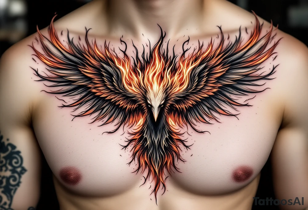 Realistic and symmetrical flaming Phoenix rebirth with spread wings in a down motion surrounded by fire mapped onto chest only.
Phoenix head must be in the middle of the chest, straight and symmetrical.
Fire should be surrounding spread wings
Wings should be spread down only on pectoral muscle around the nipples. tattoo idea