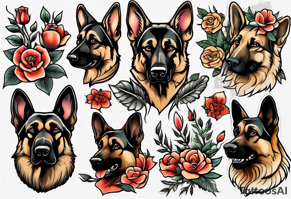 German shepherd portrait traditional flowers tattoo idea