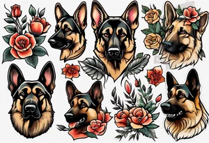 German shepherd portrait traditional flowers tattoo idea
