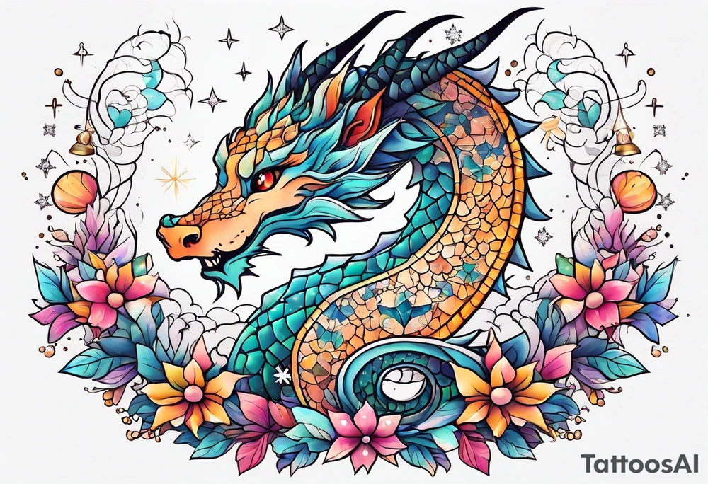 Constellation, kawaii dragon, snowflake tattoo idea