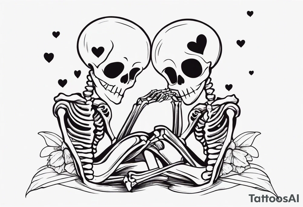 One skeleton with eyes in the shape of hearts, one skeleton sitting tattoo idea