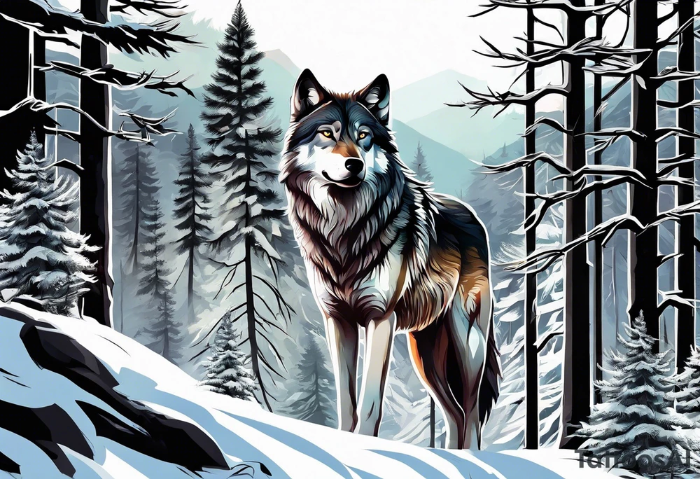 wolf mountain forest tattoo idea