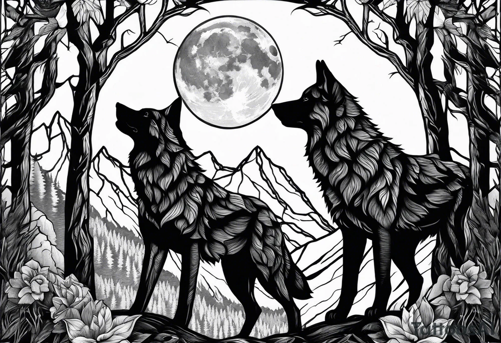 Mountain peaks
Two wolves
Moon
Dark woods
Trail tattoo idea Mountain peaks
Two wolves
Moon
Dark woods
Trail tattoo idea