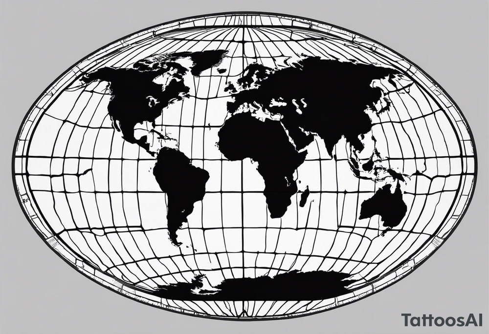 the earth on a flat map with light fading shading placed on a grid with only the lines with accurate depictions of the borders in countries while having it in an oval/circular position without any borders on the sides tattoo idea