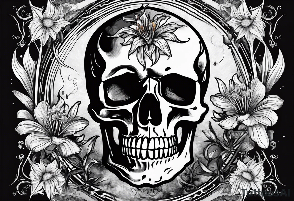 Tarot card 15cm x 10cm with Vincent Van Gogh's painting Skull with a Burning Cigarette. The boarders of the tarot card should be simple with spider lilies in each corner The smoke from the cigarette should go beyond the boarder. tattoo idea