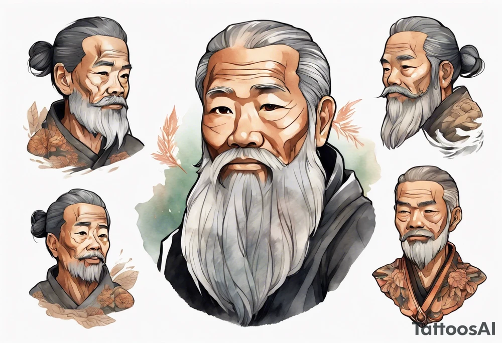 a solitary Filipino man with a grey beard wearing a copper amulet tattoo idea