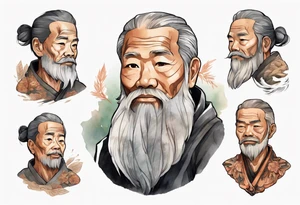 a solitary Filipino man with a grey beard wearing a copper amulet tattoo idea