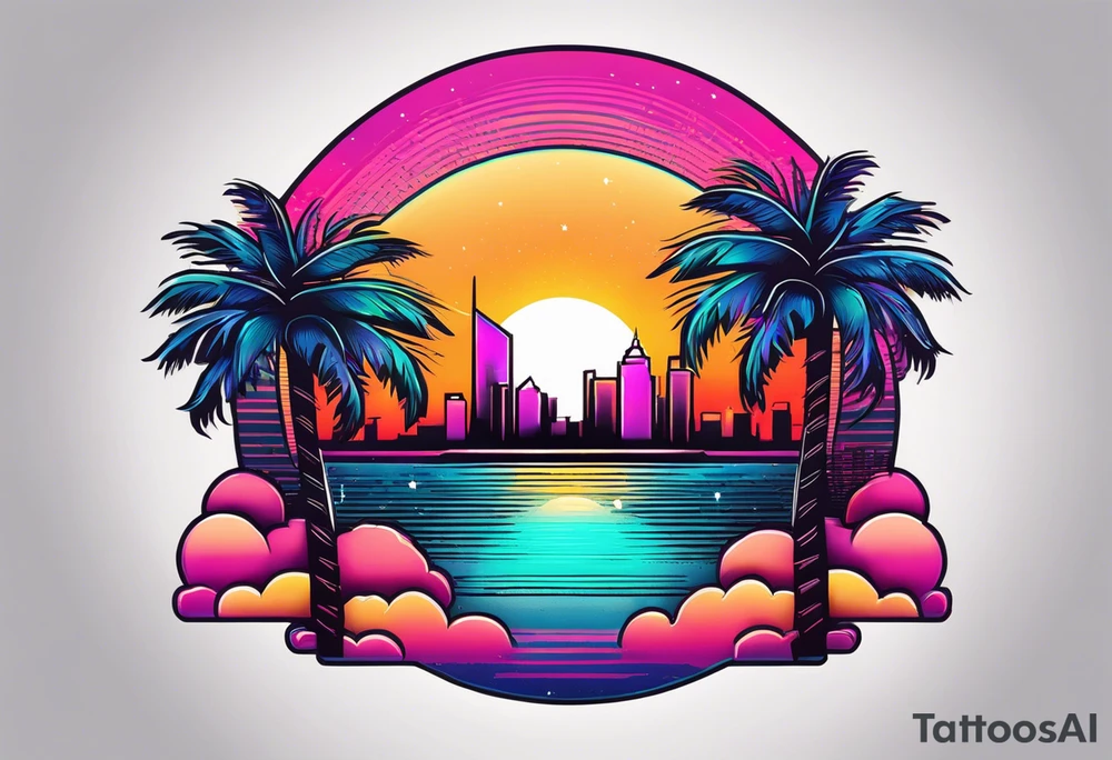 synthwave sun tattoo with palm trees and skyscrapers tattoo idea