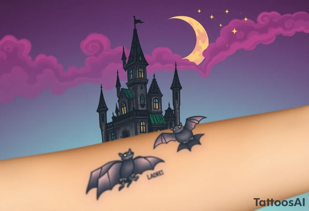 Tim Burton’s sleeping beauty’s haunted castle is abandoned and dripping with muted reds, dusty pinks, and eerie green glow.purple and cyan smokey clouds swirl in the crescent moonlit sky thats sprinkled with kawaii stars underneath the castle an adorable bat spreads its wings to take flight in the style of angelo parente tattoo idea tattoo idea