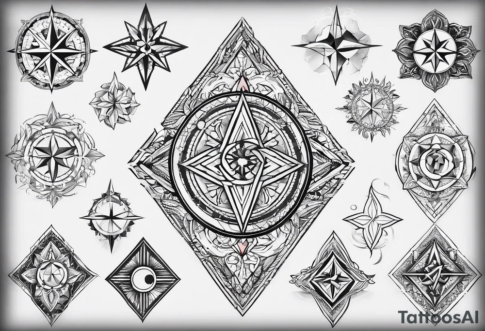 Fine line tattoo in the left forearm on the bottom side. The tattoo will have three shapes placed in a triangle formation. The top shape will be a either a plus sign or a heart that symbolizes health. The bottom left will have a compass rose or a shape symbol for purpose. The bottom right will have three circles placed in a triangle formation to symbolize family. Tattoo should be minimalist with just the shapes filled in and no ornaments tattoo idea