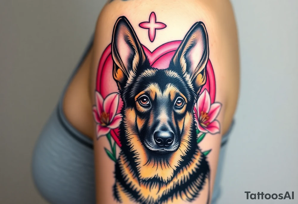 realistic german shepherd with alert ears looking protective with pink lilies in front of a sacred heart tattoo idea