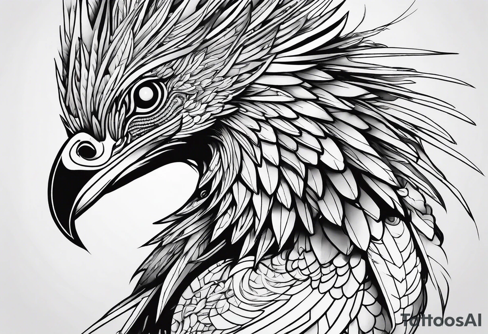 Minimalist Cyberpunk Quetzal that has cybernetic neurons coming from the bottom. tattoo idea