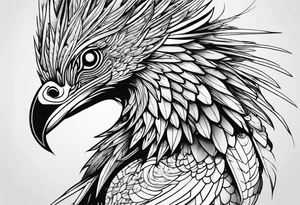 Minimalist Cyberpunk Quetzal that has cybernetic neurons coming from the bottom. tattoo idea