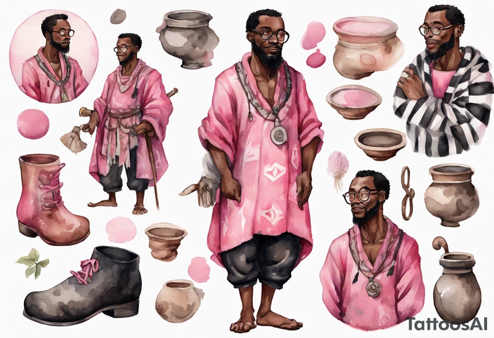 a medieval black man wearing round glasses, wearing a pink and black tunic, wearing mukluks tattoo idea