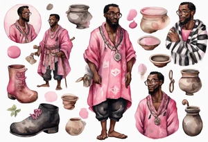 a medieval black man wearing round glasses, wearing a pink and black tunic, wearing mukluks tattoo idea
