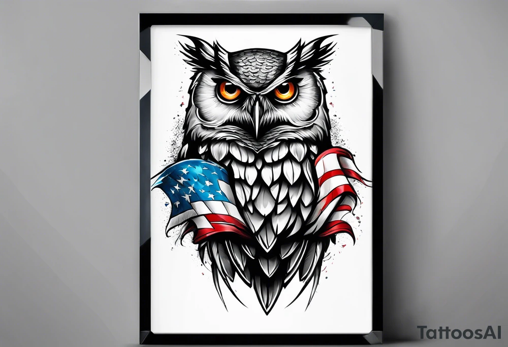 angry owl swooping down with talons holding an american flag tattoo idea