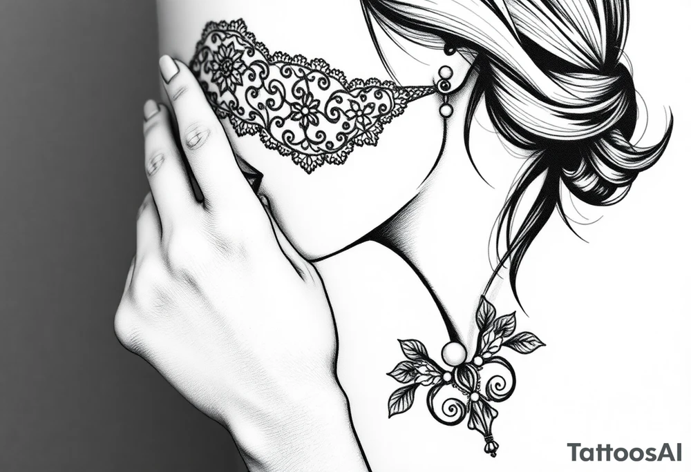 Black and white profile of woman with chin pressed on hand, lace covering  her eyes as and pearl necklace siting in her.mouth tattoo idea