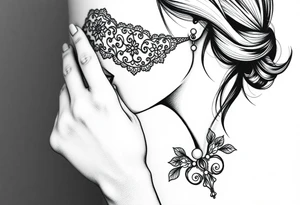 Black and white profile of woman with chin pressed on hand, lace covering  her eyes as and pearl necklace siting in her.mouth tattoo idea