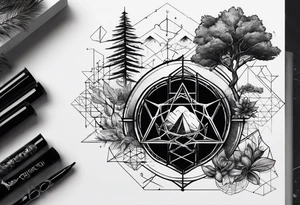 tattoo fine line, contendo árvore da vida, símbolos geométricos, textos em latim sobre força e coragem, DNA,  no ante braço masculino tattoo idea