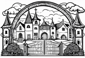 sacred medieval town houses open gate towers garden circle vignette surrounded by clouds tattoo idea