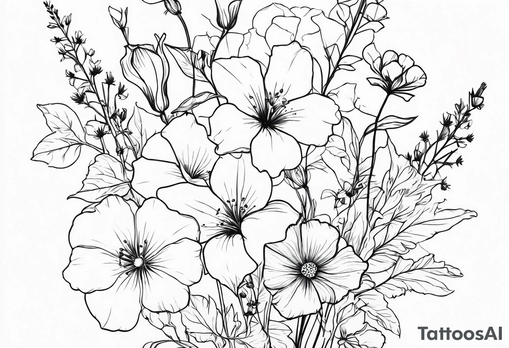 a vertical minimal flower bouquet including sweet pea, larkspur, morning glory and cosmos tattoo idea
