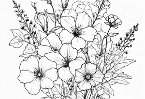 a vertical minimal flower bouquet including sweet pea, larkspur, morning glory and cosmos tattoo idea