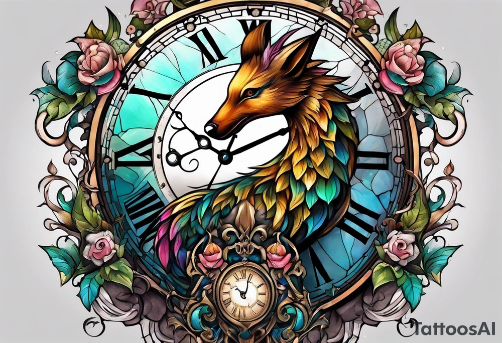 fantasy animal, clock, cross tattoo idea