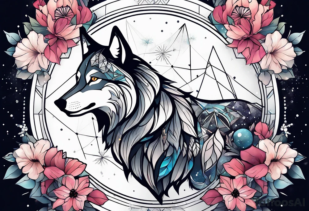 Constellation, animal wolf snow , géométric , flower tattoo idea