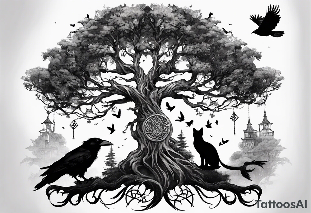 world tree with a cat and a raven and knotwork upper arm tattoo tattoo idea
