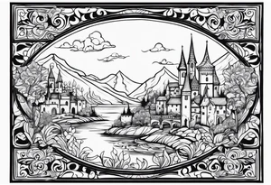 medieval tribal city 
floral  land sky vignette tattoo idea