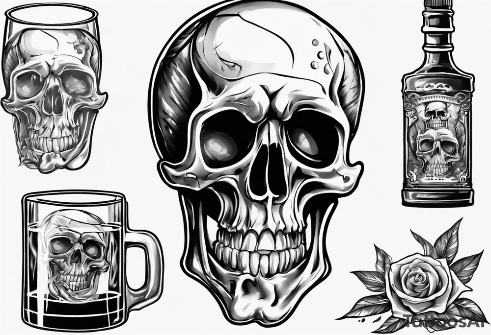 A happy looking to the left scull inside the glass with alcohol and piece of lime tattoo idea