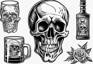 A happy looking to the left scull inside the glass with alcohol and piece of lime tattoo idea