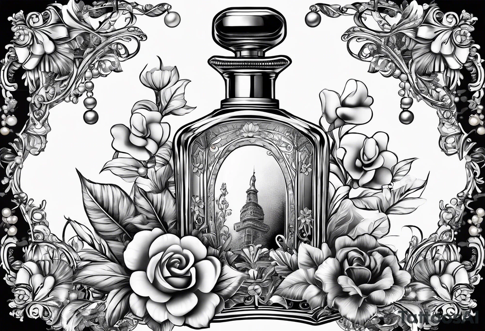 1950s perfume bottle with bows, pearls, lace, and flowers tattoo idea