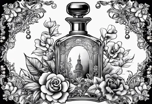 1950s perfume bottle with bows, pearls, lace, and flowers tattoo idea