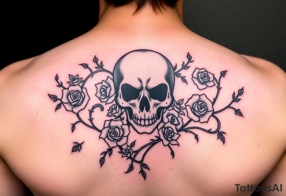 gothic skull intertwined with climbing roses and thorny vines tattoo idea