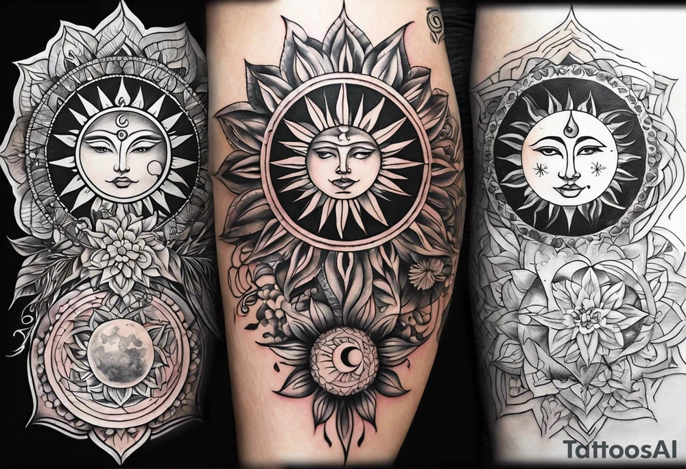 Full sleeve tattoo with large outlines that has the sun and moon intertwined with the 7 chakra symbols that perfectly embodies the divine feminine tattoo idea